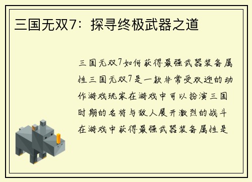 三国无双7：探寻终极武器之道